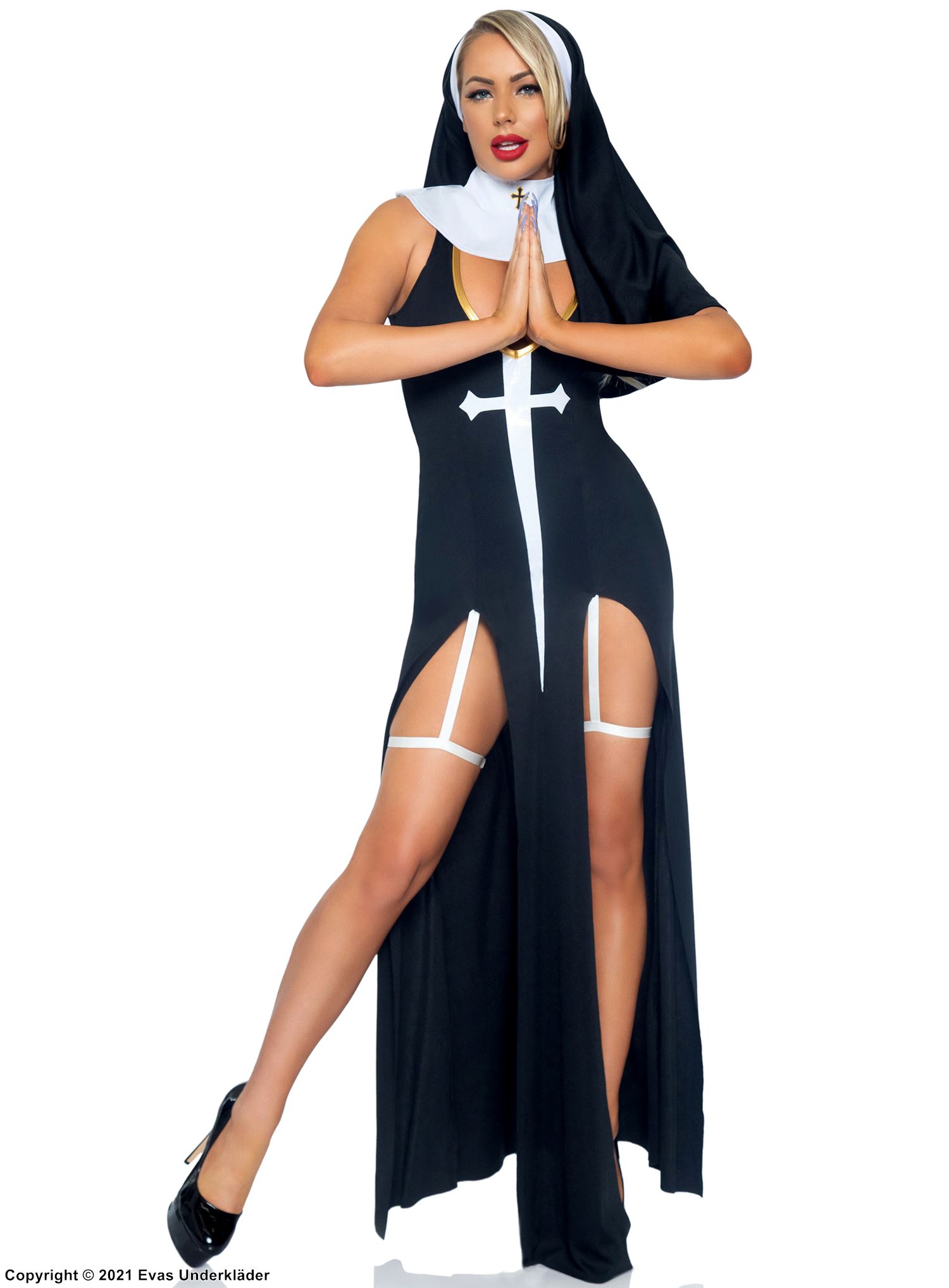 Nun, costume dress, high slit, deep neckline, cross, built-in garter belt strap